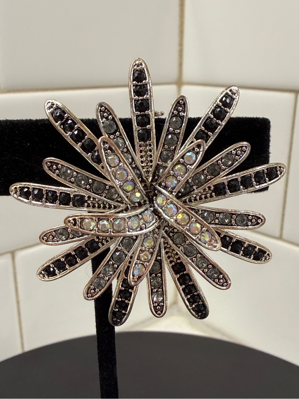 Crystal Starburst Brooch - Black and Iridescent Accent